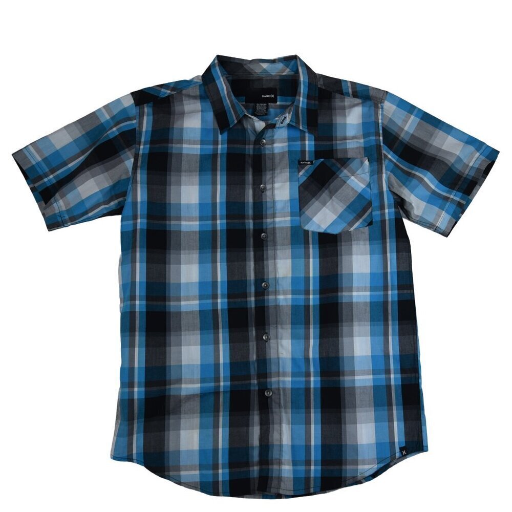 HURLEY Men's Plaid Button Down Shirt Black Blue Grey Y2K Size XL Short Sleeve